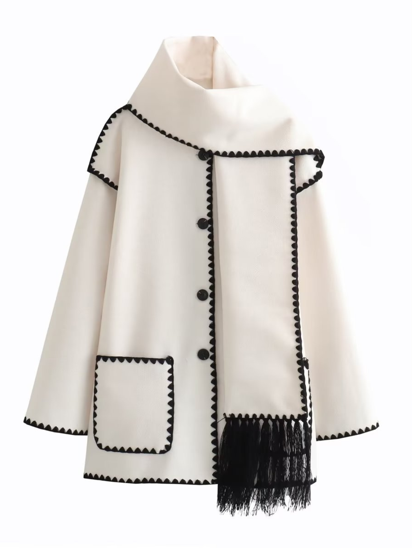 Eleganter Wollmantel mit integriertem Schal & Kontrastnähten