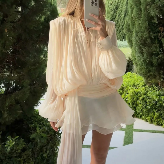 Zweiteiler plissiertes Puffärmel Minikleid