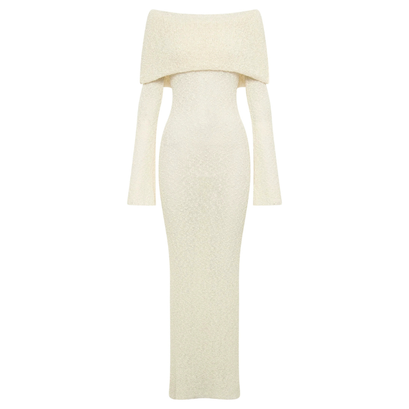 Schulterfreies Maxikleid mit langen Ärmeln