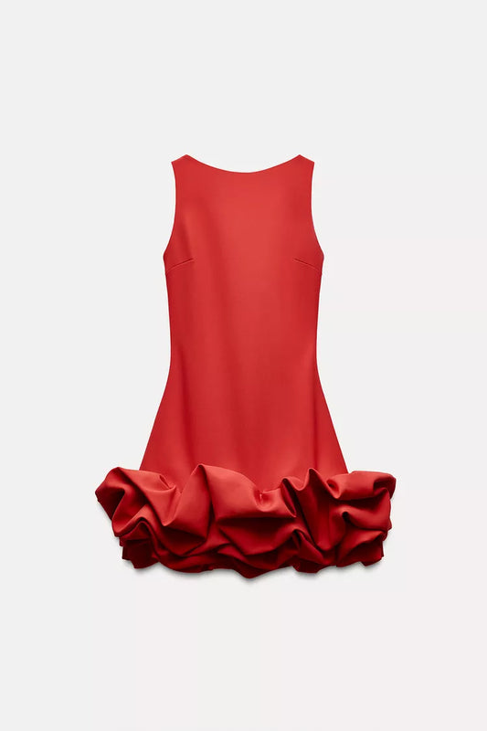 Ärmelloses Mini-Kleid mit Volant-Saum und Rundhalsausschnitt