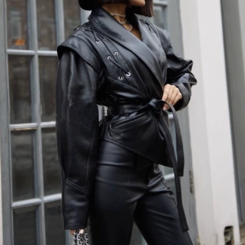 Amerikanische Retro-Lederjacke mit Taillengürtel