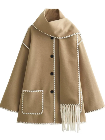 Eleganter Wollmantel mit integriertem Schal & Kontrastnähten