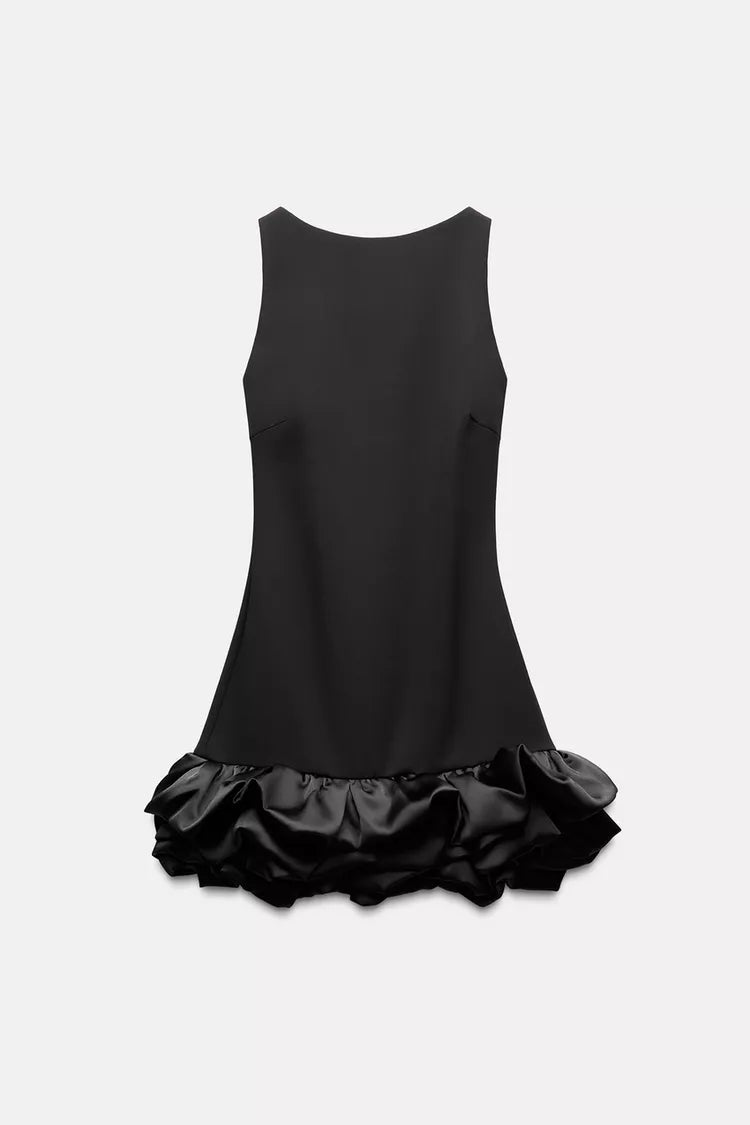 Ärmelloses Mini-Kleid mit Volant-Saum und Rundhalsausschnitt